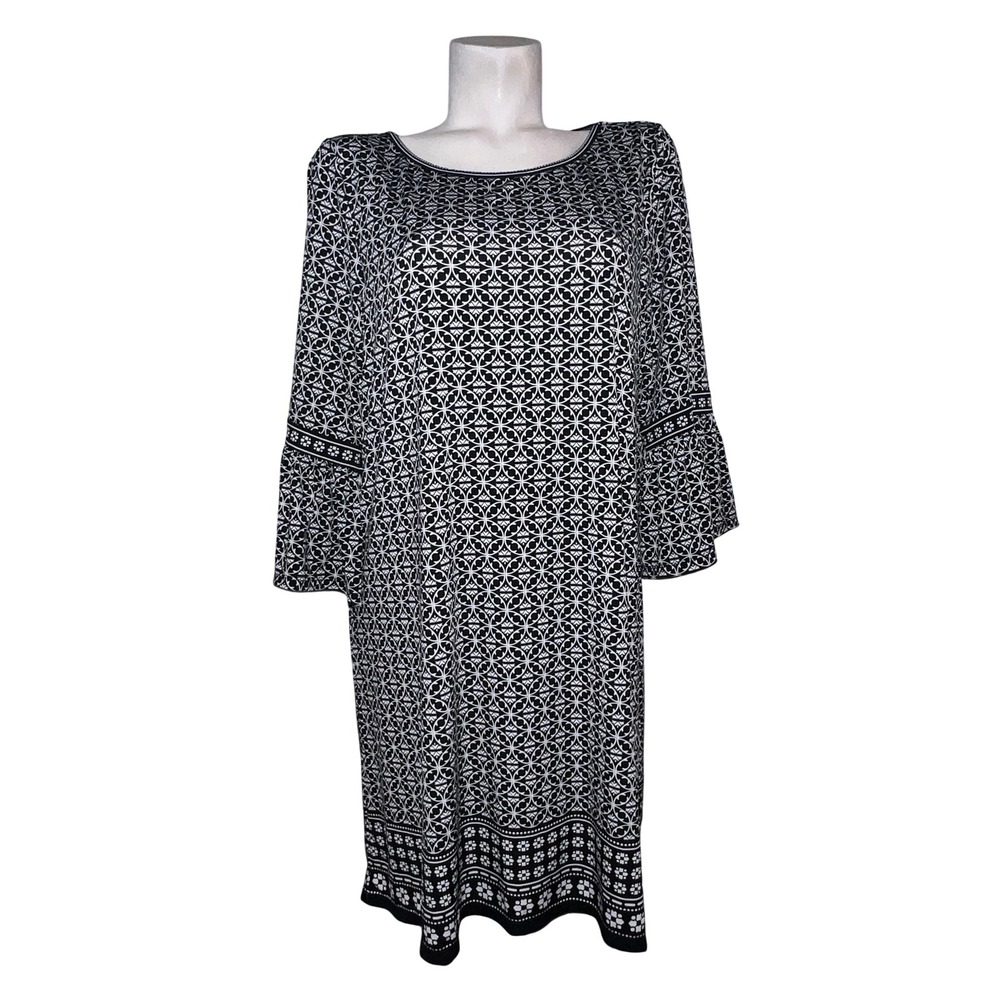 Max Studio Black White Geometric Medallion Bell Sleeve Shift Dress XL 7902W57